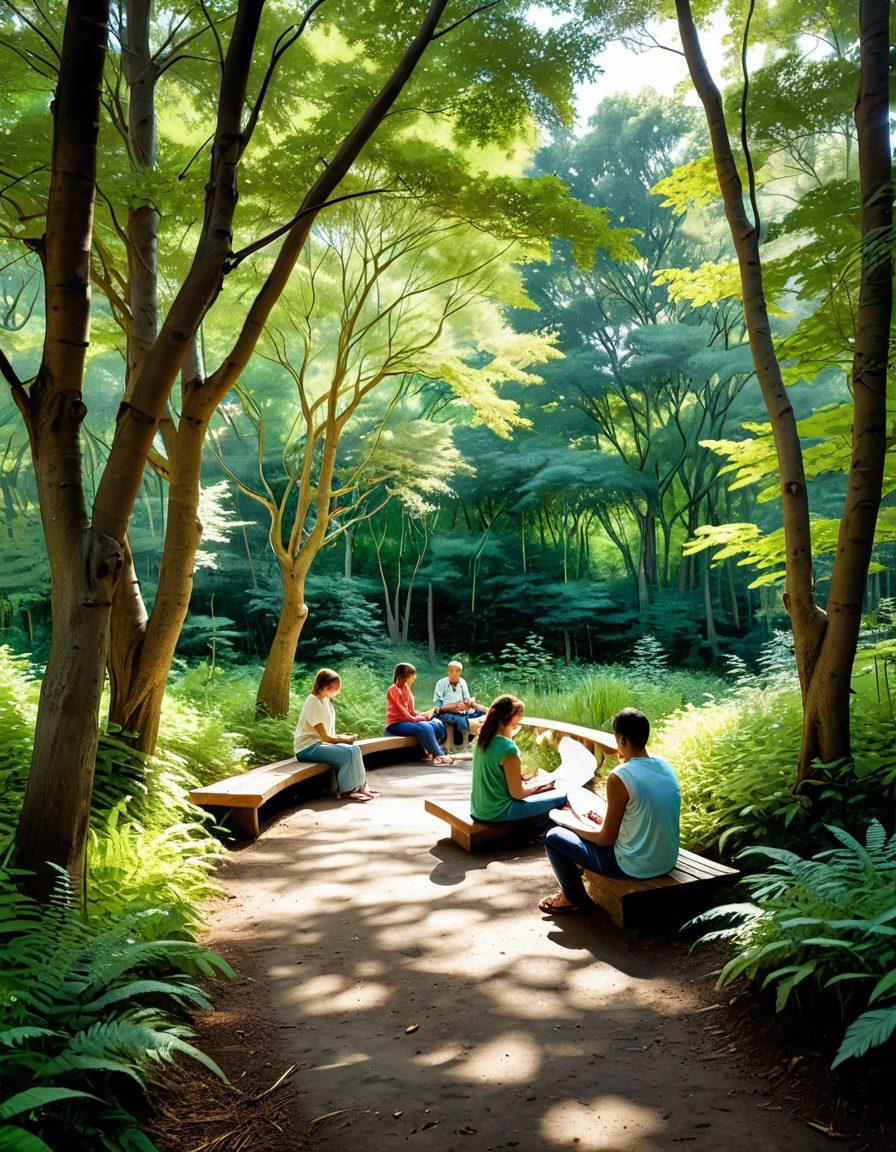 A serene landscape depicting a winding path through a tranquil forest, with soft sunlight filtering through the trees. Along the path, diverse individuals are engaging in various coping activities: journaling, meditating, and talking in small groups. The overall mood should evoke a sense of hope and healing, with gentle pastel colors and soft textures to evoke comfort. super-realistic. vibrant colors. peaceful atmosphere.