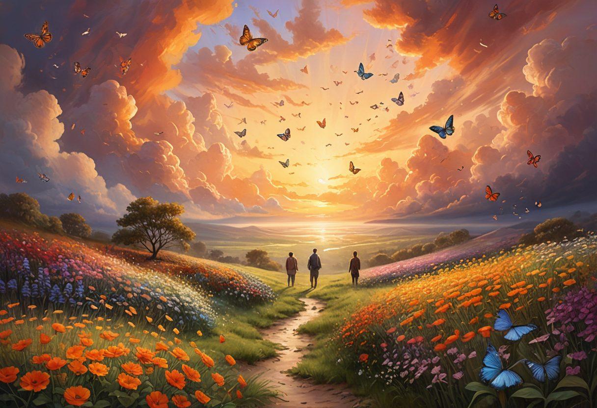 A serene landscape depicting a sunrise breaking through dark clouds, symbolizing hope and transformation. In the foreground, a diverse group of people engaging in various coping strategies like meditation, journaling, and painting. Soft, warm colors radiate positivity and resilience, with symbolic elements like butterflies and blooming flowers representing emotional growth. overlayed with abstract shapes illustrating innovative concepts. vibrant colors. super-realistic.