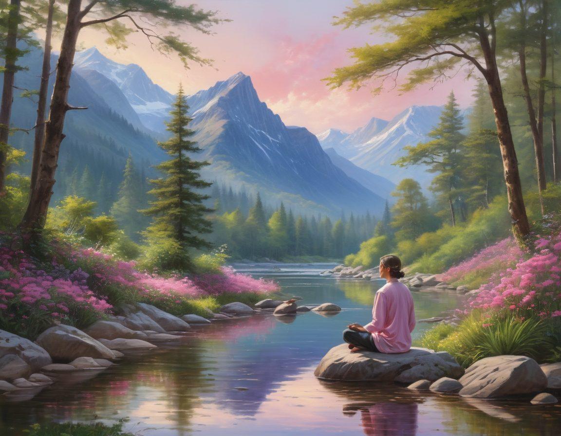A serene forest landscape with a gentle stream flowing, symbolizing healing and renewal. Include delicate tuano flowers blooming along the banks, radiating soft colors of pink and purple. In the background, a distant mountain range under a calm sky, reflecting peace and hope. Feature a person meditating by the water, embodying emotional growth and connection with nature. super-realistic. vibrant colors. tranquil atmosphere.
